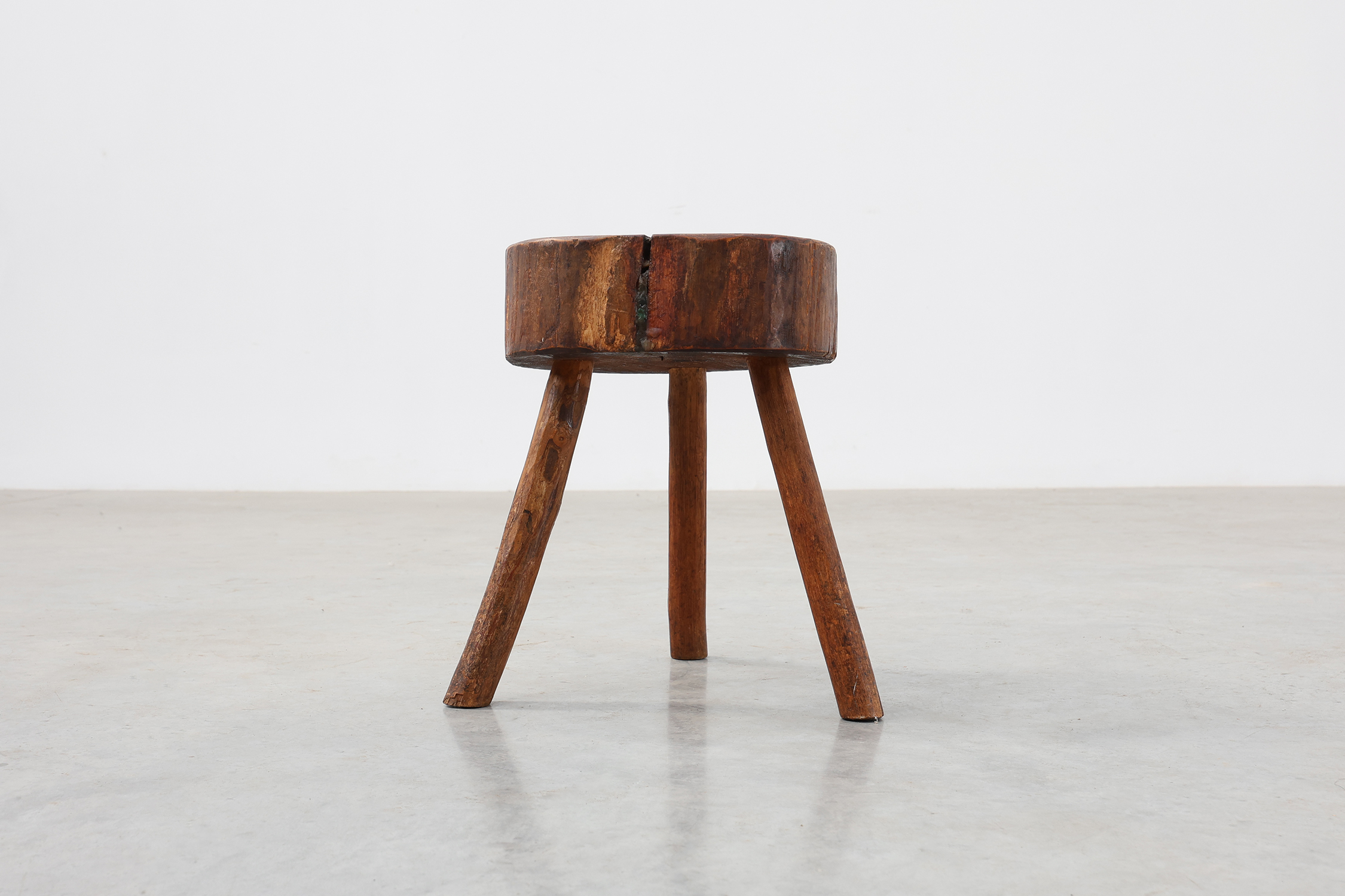 Rustic Oak Tripod Stool with Chunky Round Wooden Seat, France, circa 1920thumbnail